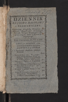 Dziennik Handlowy y Ekonomiczny : Zawieraiący w sobie wszystkie okoliczności, Pisma, Uwagi, y Myśli Patryotyczne do Handlu Fabryk i Ekonomiki ściągaiące się. 1789, cz. 7-8