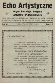 Echo Artystyczne : organ Polskiego Związku Artystów Widowiskowych. 1929, nr 1