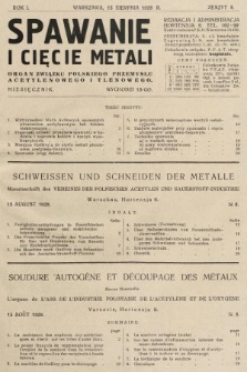 Spawanie i Cięcie Metali : organ Związku Polskiego Przemysłu Acetylenowego i Tlenowego. 1928, nr 8