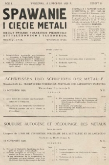 Spawanie i Cięcie Metali : organ Związku Polskiego Przemysłu Acetylenowego i Tlenowego. 1928, nr 11