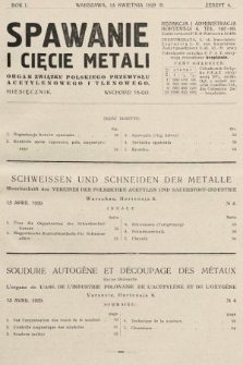 Spawanie i Cięcie Metali : organ Związku Polskiego Przemysłu Acetylenowego i Tlenowego. 1929, nr 4