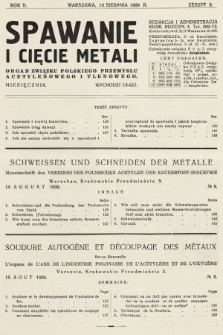 Spawanie i Cięcie Metali : organ Związku Polskiego Przemysłu Acetylenowego i Tlenowego. 1929, nr 8