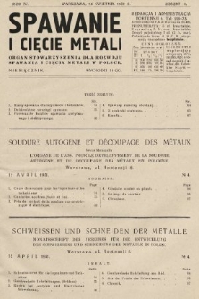 Spawanie i Cięcie Metali : organ Stowarzyszenia dla rozwoju spawania i cięcia metali w Polsce. 1931, nr 4