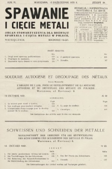 Spawanie i Cięcie Metali : organ Stowarzyszenia dla rozwoju spawania i cięcia metali w Polsce. 1931, nr 10