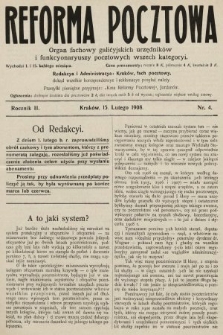 Reforma Pocztowa : organ fachowy galicyjskich urzędników i funkcyonaryuszy pocztowych wszech kategoryi. 1908, nr 4