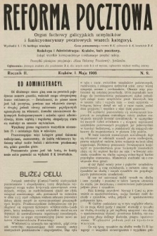 Reforma Pocztowa : organ fachowy galicyjskich urzędników i funkcyonaryuszy pocztowych wszech kategoryi. 1908, nr 9