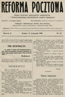 Reforma Pocztowa : organ fachowy galicyjskich urzędników i funkcyonaryuszy pocztowych wszech kategoryi. 1908, nr 22