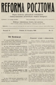 Reforma Pocztowa : organ fachowy galicyjskich urzędników i funkcyonaryuszy pocztowych wszech kategoryi. 1908, nr 23