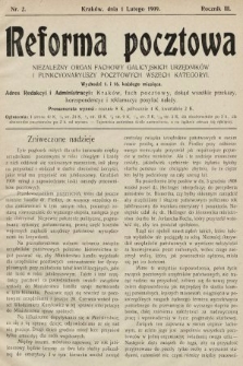 Reforma Pocztowa : niezależny organ fachowy galicyjskich urzędników i funkcyonariuszy pocztowych wszech kategoryi. 1909, nr 2