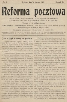 Reforma Pocztowa : niezależny organ fachowy galicyjskich urzędników i funkcyonariuszy pocztowych wszech kategoryi. 1909, nr 3