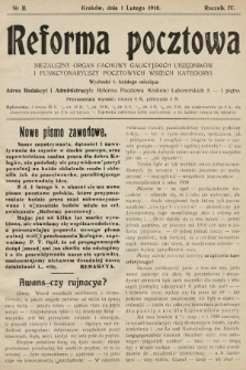 Reforma Pocztowa : niezależny organ fachowy galicyjskich urzędników i funkcyonariuszy pocztowych wszech kategoryi. 1910, nr 2