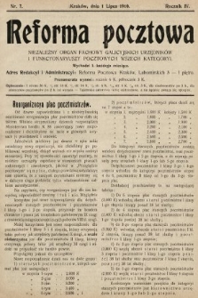 Reforma Pocztowa : niezależny organ fachowy galicyjskich urzędników i funkcyonariuszy pocztowych wszech kategoryi. 1910, nr 7