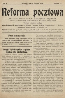 Reforma Pocztowa : niezależny organ fachowy galicyjskich urzędników i funkcyonariuszy pocztowych wszech kategoryi. 1910, nr 8