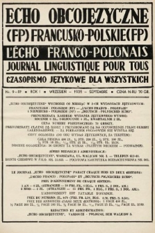 Echo Obcojęzyczne : czasopismo językowe dla wszystkich = L'Écho Franco-Polonais : journal linguistique pour tous. 1935, nr 9 FP