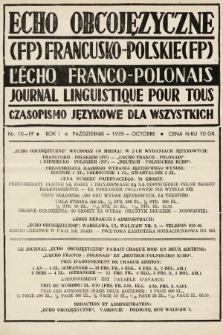 Echo Obcojęzyczne : czasopismo językowe dla wszystkich = L'Écho Franco-Polonais : journal linguistique pour tous. 1935, nr 10 FP