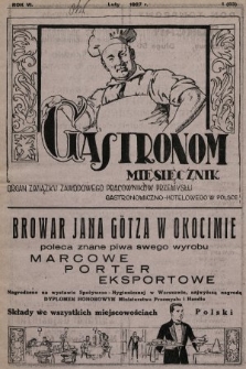 Gastronom : organ Związku Zawodowego Pracowników Przemysłu Gastronomiczno-Hotelowego w Polsce. 1927, nr 1