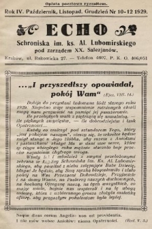 Echo Schroniska im. Ks. Al. Lubomirskiego pod Zarządem XX. Salezjanów. 1929, nr 10-11-12