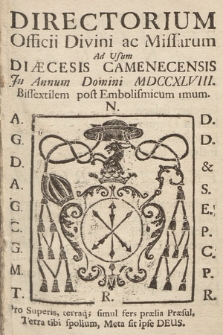 Directorium Officii Divini ac Missarum ad usum Diæcesis Camenecensis in Annum Domini 1748