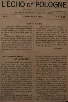 L'Écho de Pologne : tygodnik polityczno-społeczny, literacki i gospodarczy. 1919, nr 1