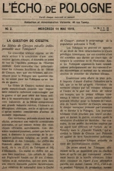 L'Écho de Pologne : tygodnik polityczno-społeczny, literacki i gospodarczy. 1919, nr 2