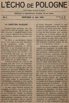 L'Écho de Pologne : tygodnik polityczno-społeczny, literacki i gospodarczy. 1919, nr 4