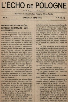 L'Écho de Pologne : tygodnik polityczno-społeczny, literacki i gospodarczy. 1919, nr 7