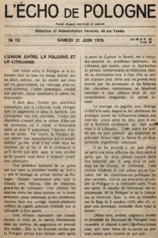 L'Écho de Pologne : tygodnik polityczno-społeczny, literacki i gospodarczy. 1919, nr 13