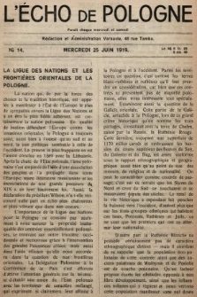 L'Écho de Pologne : tygodnik polityczno-społeczny, literacki i gospodarczy. 1919, nr 14