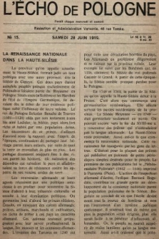 L'Écho de Pologne : tygodnik polityczno-społeczny, literacki i gospodarczy. 1919, nr 15