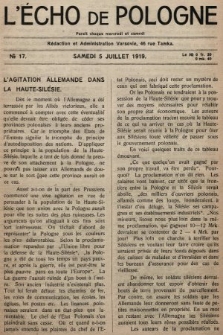 L'Écho de Pologne : tygodnik polityczno-społeczny, literacki i gospodarczy. 1919, nr 17