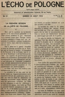 L'Écho de Pologne : tygodnik polityczno-społeczny, literacki i gospodarczy. 1919, nr 27