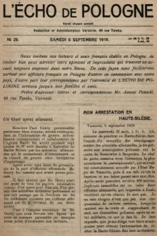 L'Écho de Pologne : tygodnik polityczno-społeczny, literacki i gospodarczy. 1919, nr 29
