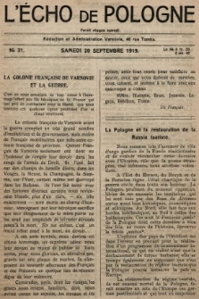 L'Écho de Pologne : tygodnik polityczno-społeczny, literacki i gospodarczy. 1919, nr 31