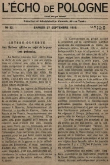 L'Écho de Pologne : tygodnik polityczno-społeczny, literacki i gospodarczy. 1919, nr 32