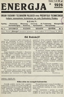 Energja : organ fachowy technikow polskich oraz przemysłu technicznego. 1926, nr 1
