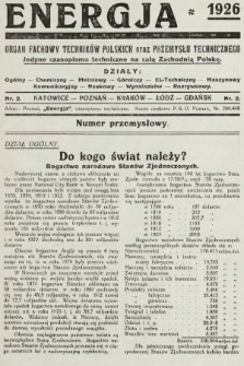 Energja : organ fachowy technikow polskich oraz przemysłu technicznego. 1926, nr 2