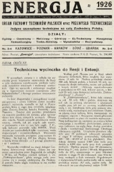 Energja : organ fachowy technikow polskich oraz przemysłu technicznego. 1926, nr 3-4