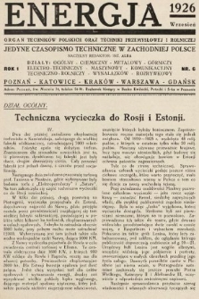 Energja : organ techników polskich oraz techniki przemysłowej i rolniczej. 1926, nr 6