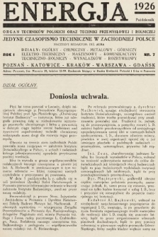 Energja : organ techników polskich oraz techniki przemysłowej i rolniczej. 1926, nr 7