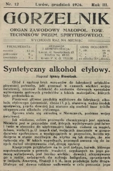 Gorzelnik : organ zawodowy Małopolskiego Towarzystwa Techników Przemysłu Spirytusowego. 1926, nr 12