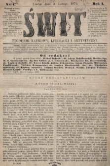 Świt : tygodnik naukowy, literacki i artystyczny. 1872, nr 1