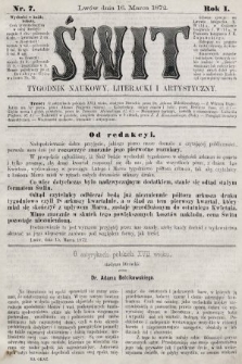 Świt : tygodnik naukowy, literacki i artystyczny. 1872, nr 7