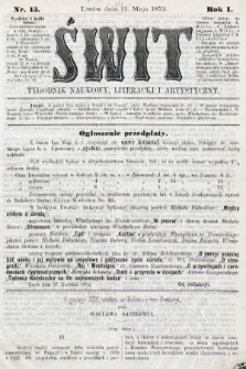 Świt : tygodnik naukowy, literacki i artystyczny. 1872, nr 15