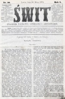 Świt : tygodnik naukowy, literacki i artystyczny. 1872, nr 16