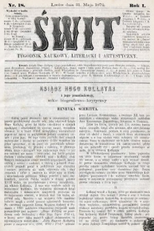 Świt : tygodnik naukowy, literacki i artystyczny. 1872, nr 18