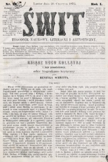 Świt : tygodnik naukowy, literacki i artystyczny. 1872, nr 22