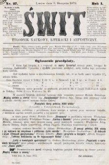 Świt : tygodnik naukowy, literacki i artystyczny. 1872, nr 27