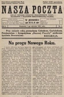 Nasza Poczta : organ Związku Niższych Pracowników Poczt, Telegrafów i Telefonów Rzeczypospolitej Polski[!]. 1928, nr 1
