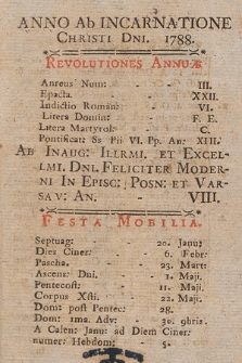 Directorium Divini Officii ac Missarum Juxta Rubricas Generales Breviarij & Missalis Romani, necnon Decreta S. R. C. pro Dioecesi Posnaniensi in Annum Domini 1788
