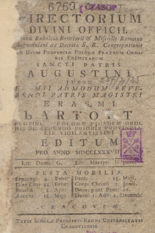 Directorium Divini Officii Juxta Rubricas Breviarii & Missalis Romano Augustiniani ac Decreta S. R. Congregationis ad usum Provinciæ Polonæ Fratrum Ordinis Eremitarum Sancti Patris Augustini [...] pro Anno Domini 1787